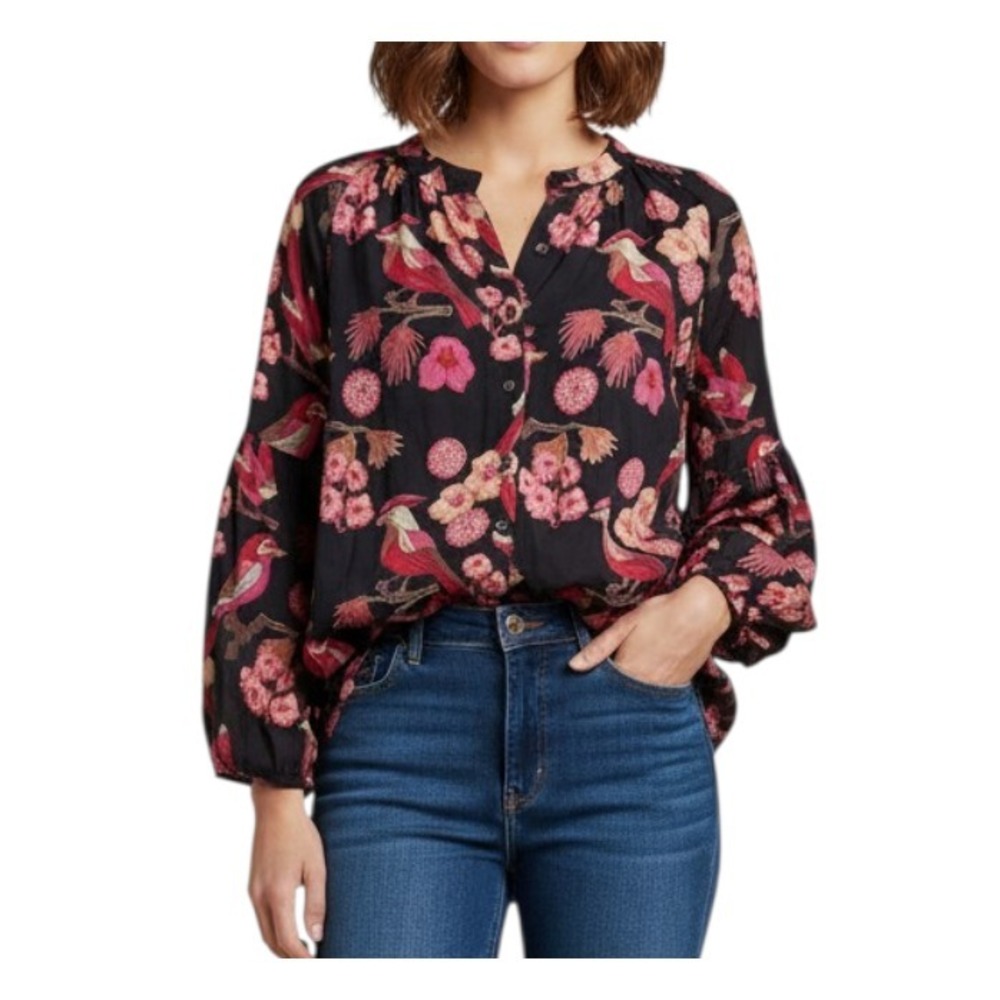 OLIVIA JAMES The Label EMORY BUTTON-UP TOP SHIRT Black/Pink/Red Bird Print XS